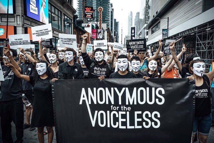 L'associazione Anonymous for the Voiceless scende in piazza per manifestare per i diritti degli animali.