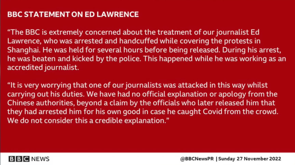 comunicato stampa della BBC circa l'arresto del giornalista Ed Lawrence nella protesta contro la politica zero-covid in Cina